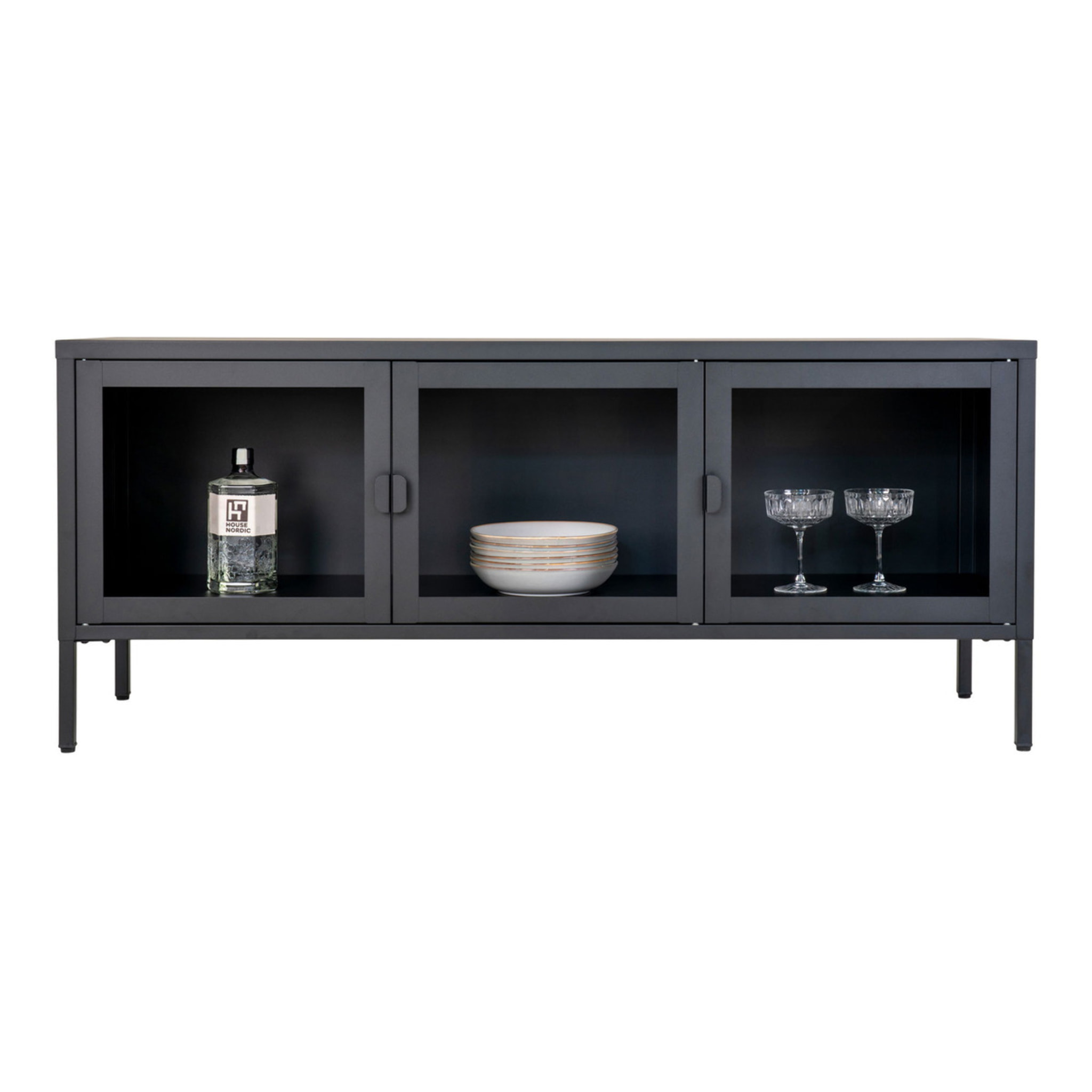 Mobile TV Brisbane in acciaio nero con 3 ante in vetro, 130×40×55 cm
