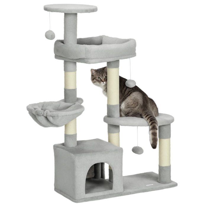 Rascador para Gatos Altura 104 cm Árbol para Gatos Torre de Escalada con Postes Rascadores de Sisal Cueva Plataformas y Bolas Colgantes Gris Claro