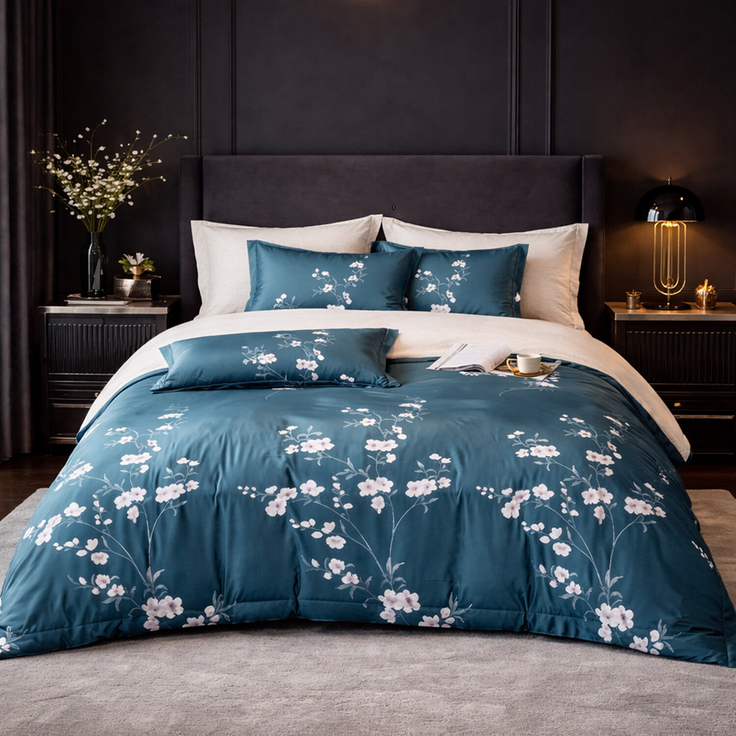 Parure housse de couette 100% coton - Tsuki imprimé floral bleu nuit
