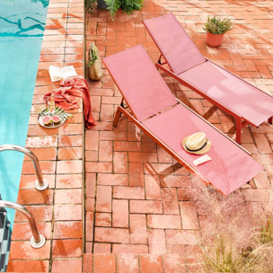 Lot de 2 transats terracotta. 5 positions. en textilène et métal. FLORA.  L155 x P59 x H106cm