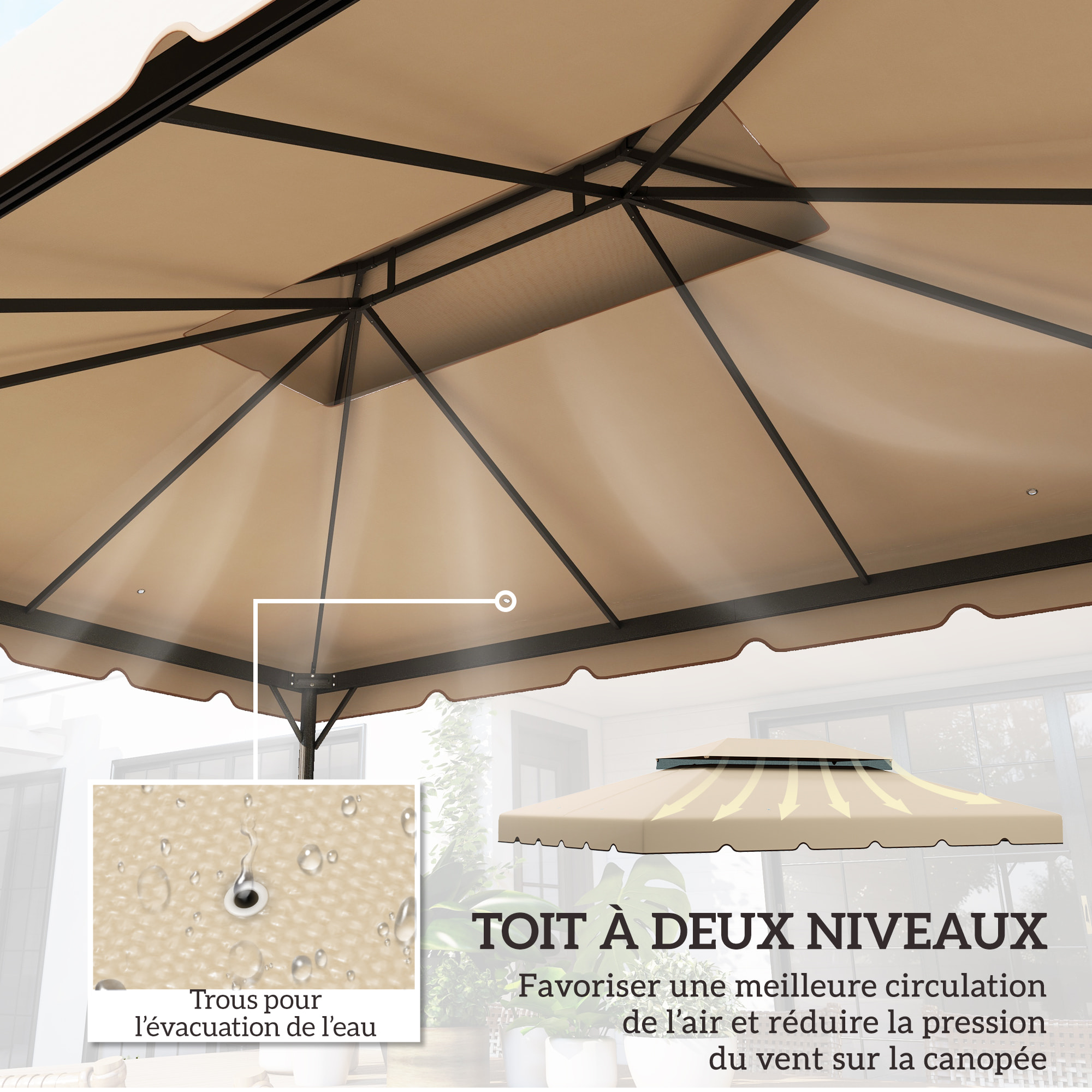 Toile de rechange pour pavillon tonnelle tente 3,90L x 2,90l m polyester haute densité 170 g/m² crème