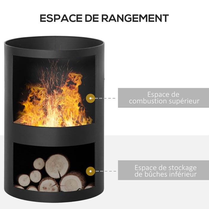 Brasero cheminée d'extérieur H.133 Ø 45 cm tisonnier large foyer - espace de rangement pour bûches - métal noir