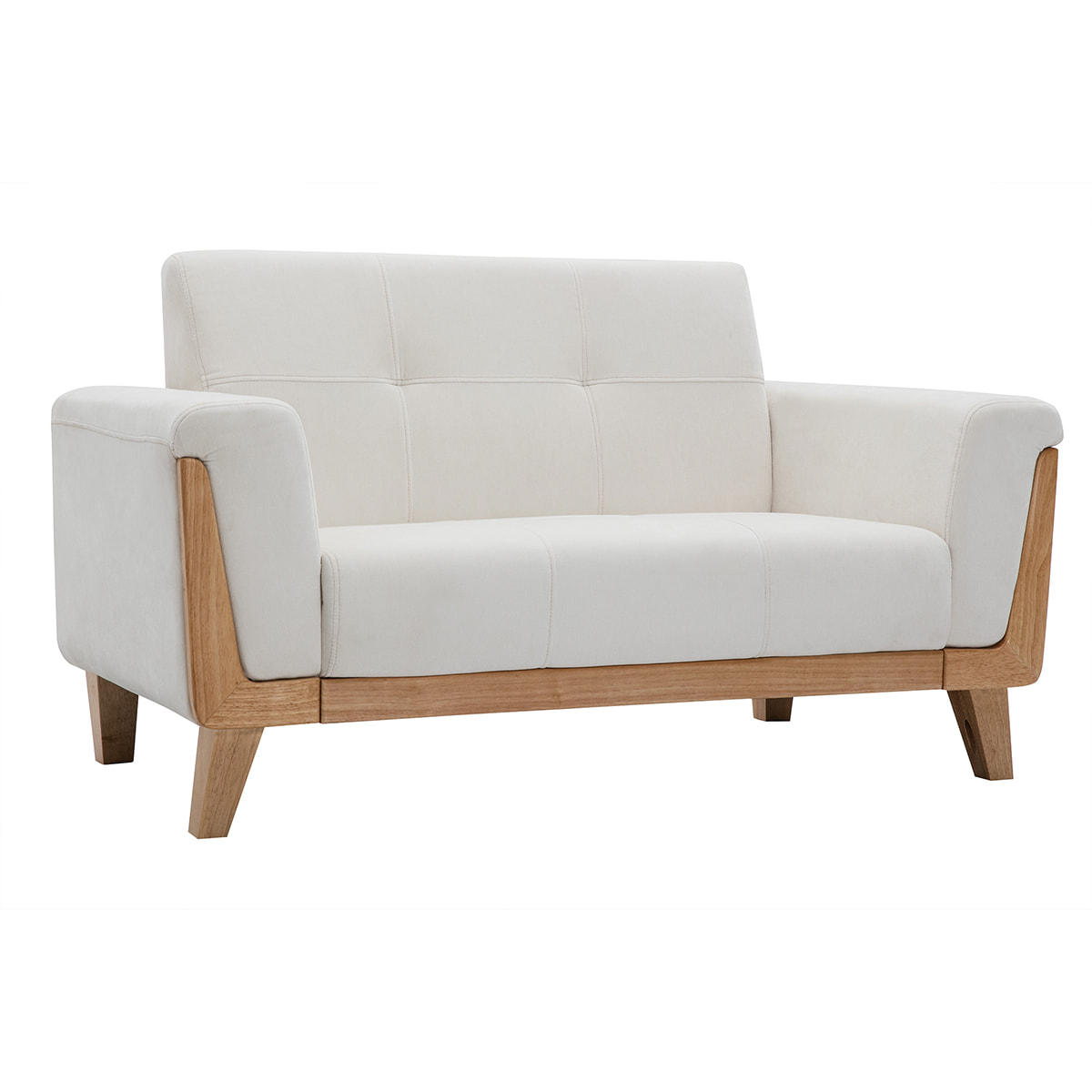 Canapé scandinave 2 places en tissu effet velours blanc cassé et bois clair FJORD