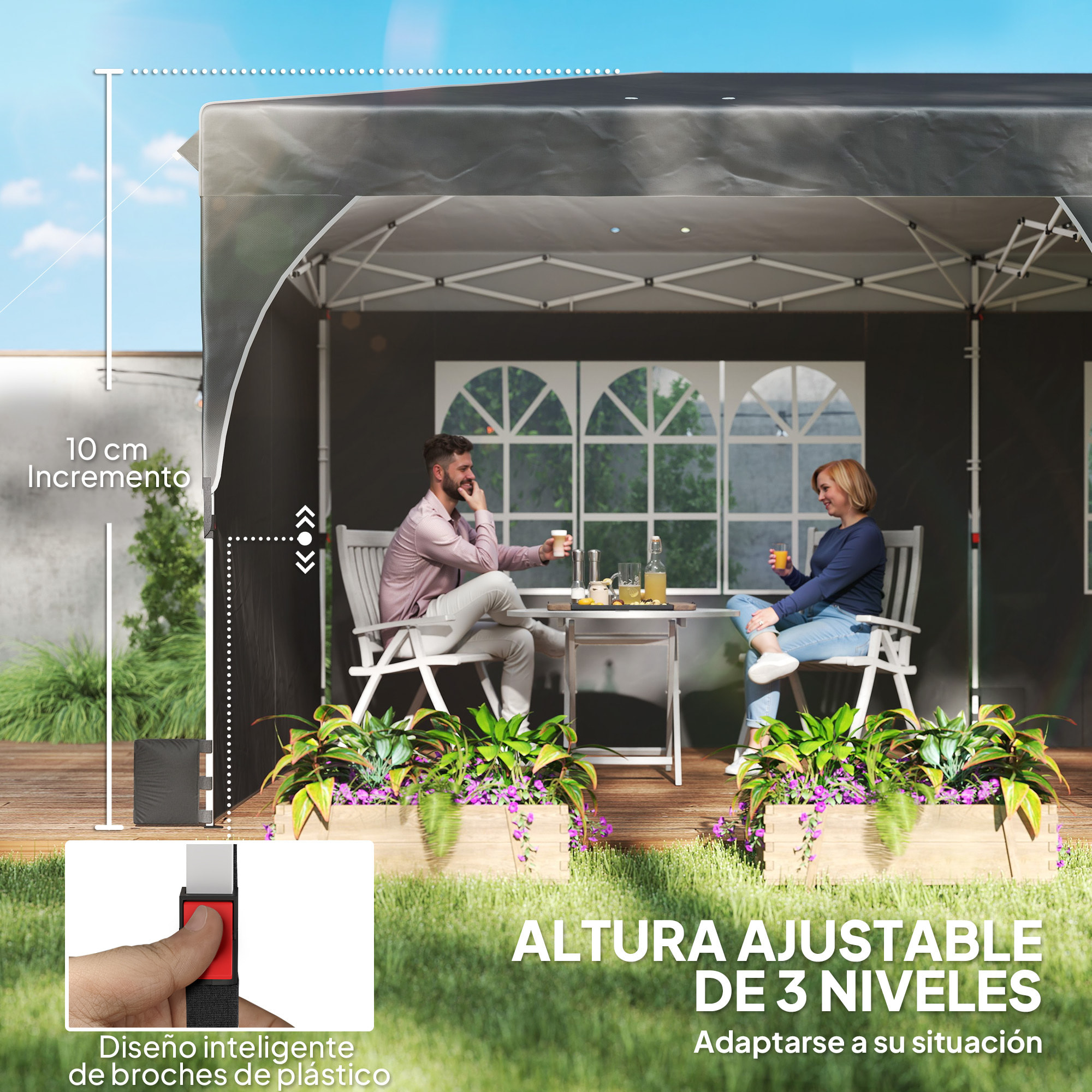 Carpa Plegable 6x3 m, Pop-up, con 4 Laterales Extraíbles, Cenador de Jardín con Tiras Reflectantes, Altura Ajustable, Sistema Central de Bloqueo, UPF50+, Impermeable, Bolsa Transporte, Gris