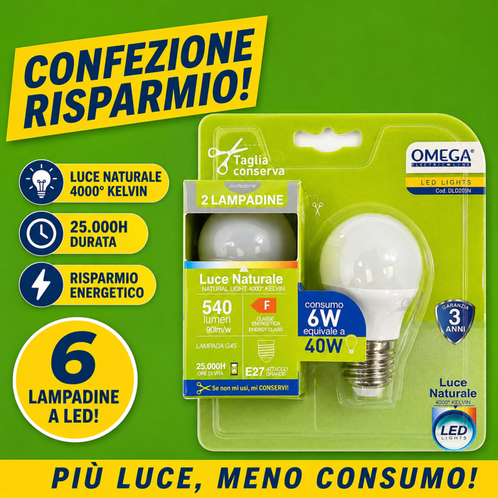 OMEGA Set 6 lampadine sfera led 6W E27 4000K