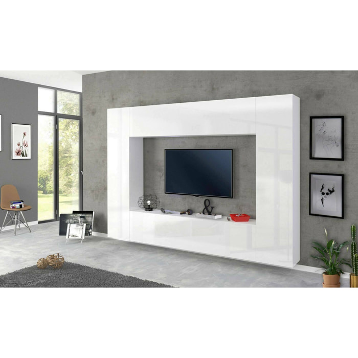 Parete attrezzata da soggiorno, Made in Italy, Base porta TV e pensili e scaffali, Set salotto moderno, cm 260x30h180, colore Bianco lucido