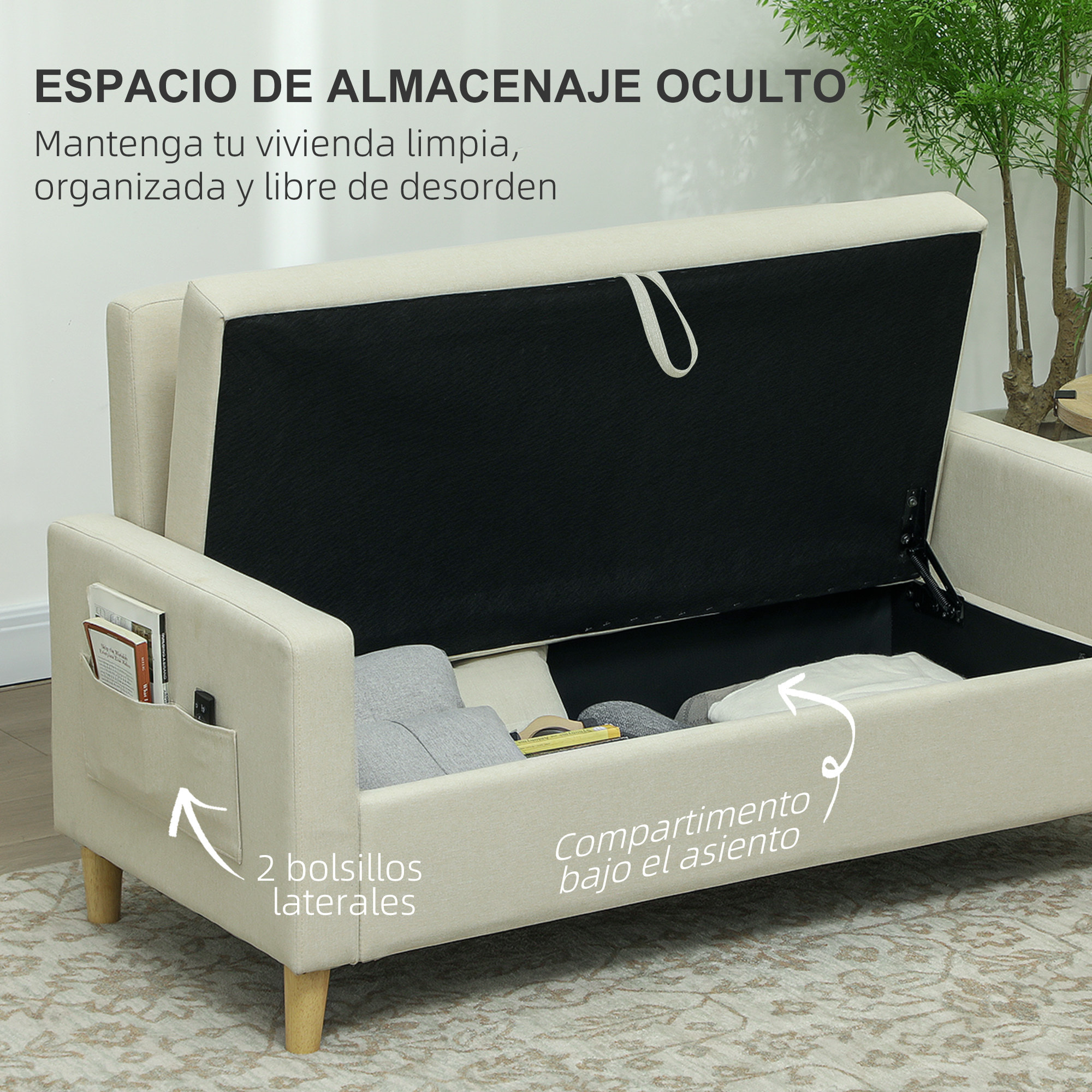 Sofá de 2 Plazas Tapizado en Lino Sintético Sofá de Salón con 2 Almohadas Espacio de Almacenamiento Oculto Bolsillo y Patas de Madera Sofá Pequeño Carga 240 kg 135x72x84 cm Beige