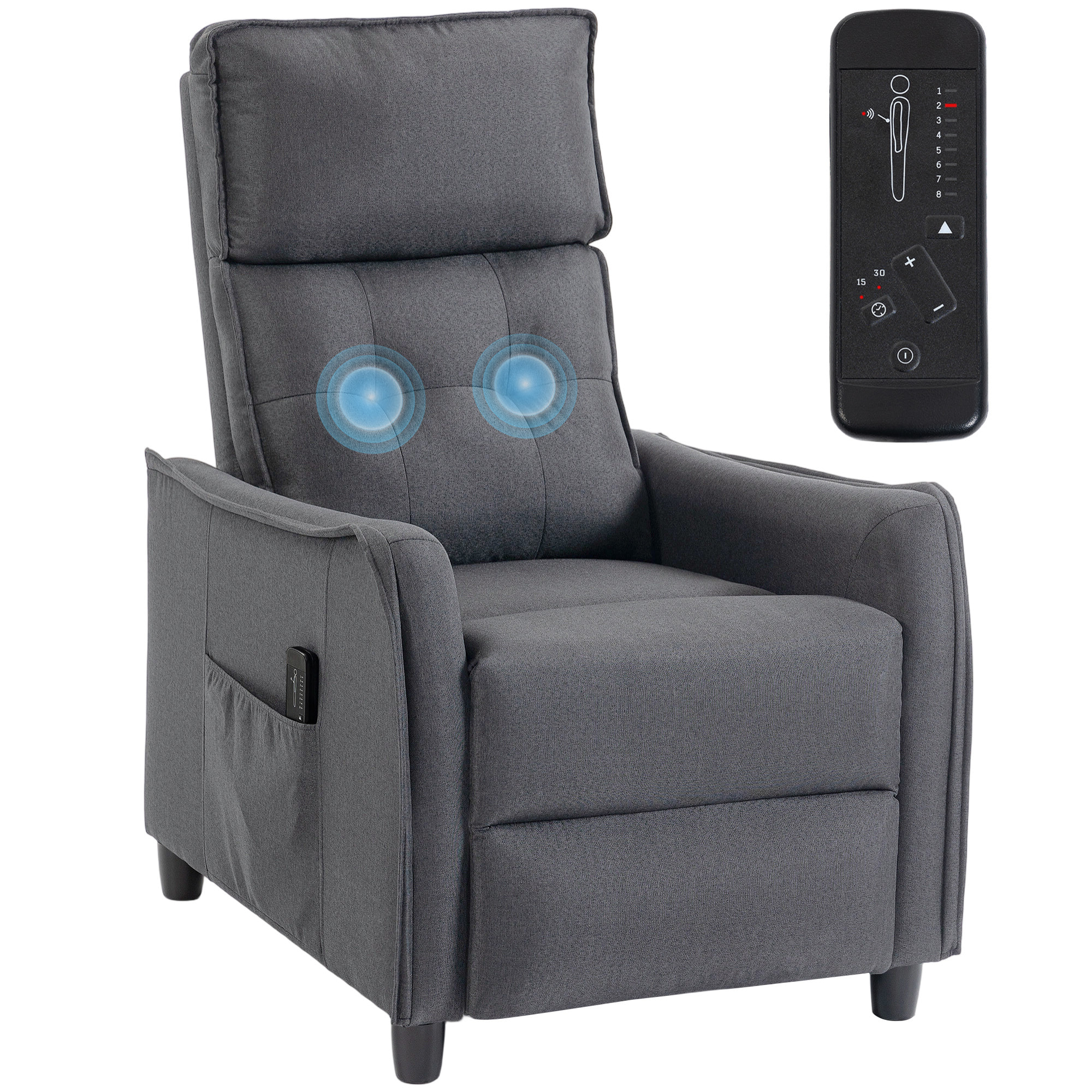 Sillón de Masaje, Sillón Relax Reclinable 160° con Mando a Distancia, Reposapiés, 2 Zonas de Masaje, Asiento de Muelles, Bolsillos, Tapizado en Lino Transpirable para Salón, 69x93x104 cm, Gris