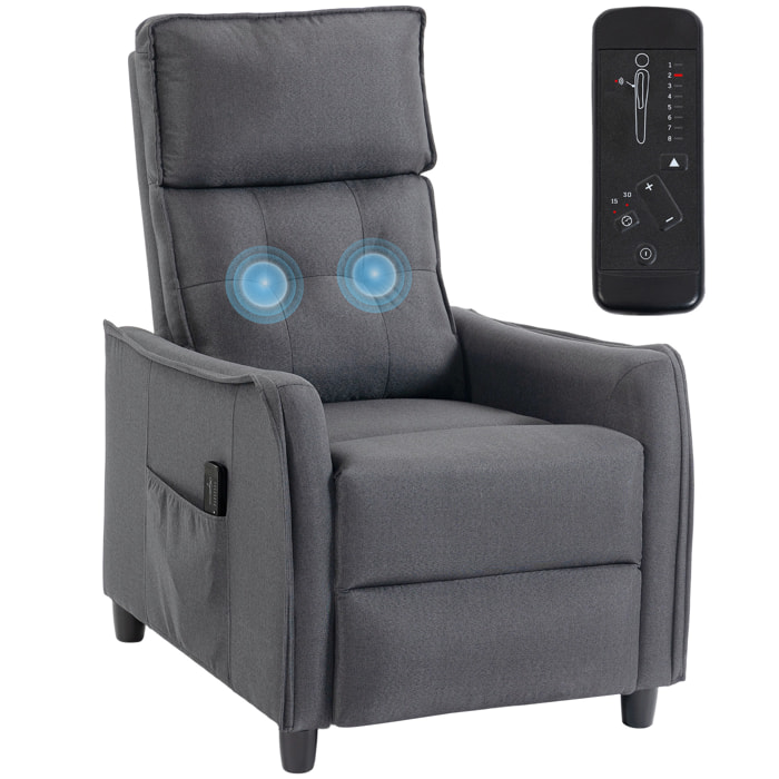 Sillón de Masaje, Sillón Relax Reclinable 160° con Mando a Distancia, Reposapiés, 2 Zonas de Masaje, Asiento de Muelles, Bolsillos, Tapizado en Lino Transpirable para Salón, 69x93x104 cm, Gris