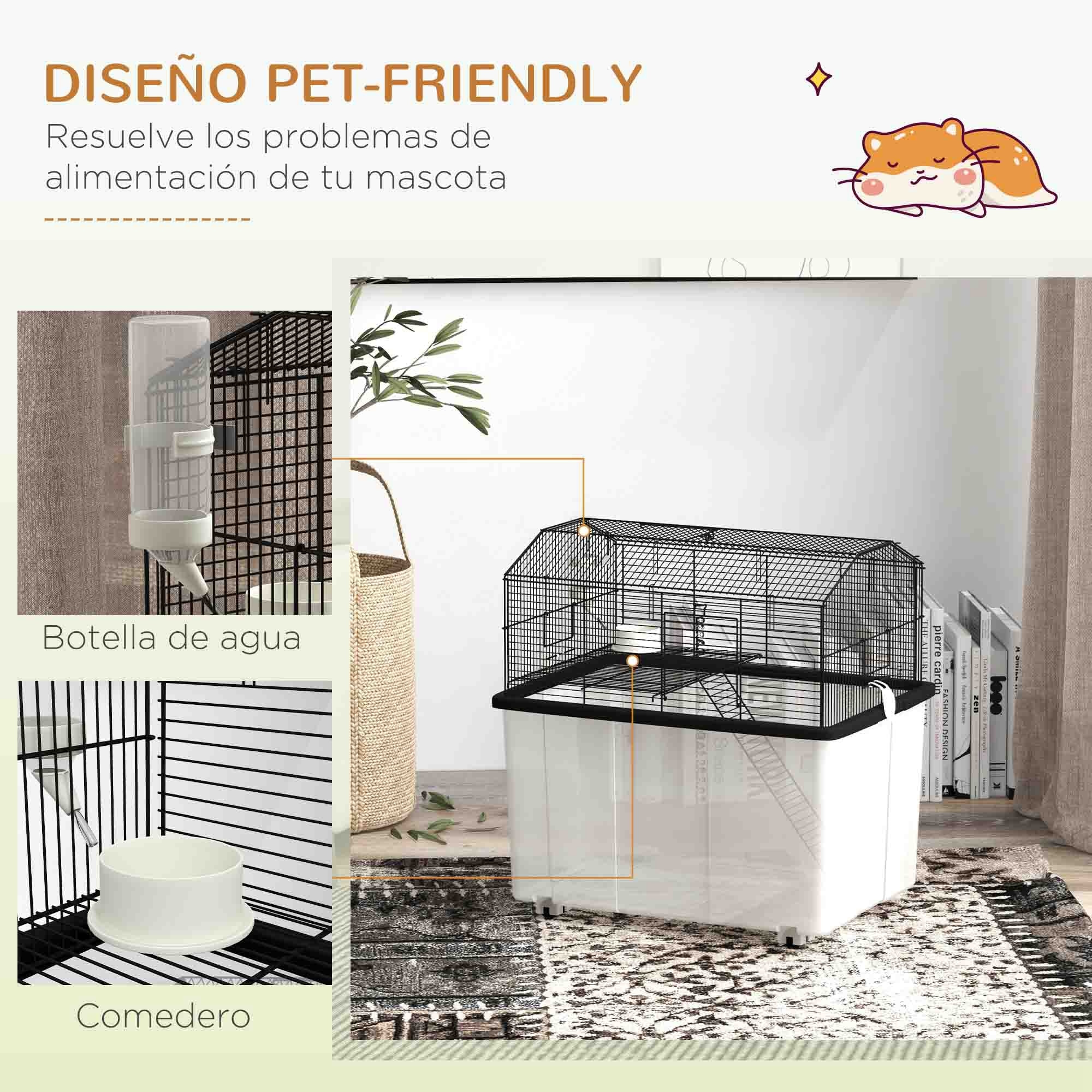 Jaula para Hámster Casa para Animales Pequeños con Fondo Profundo Plataforma Cuenco Bebedero Rampa y Ruedas 57x43x57 cm Negro