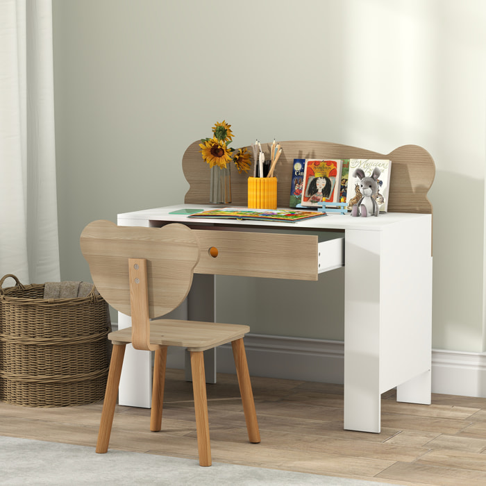Ensemble bureau et chaise enfant design ourson - grand tiroir - blanc effet bois naturel