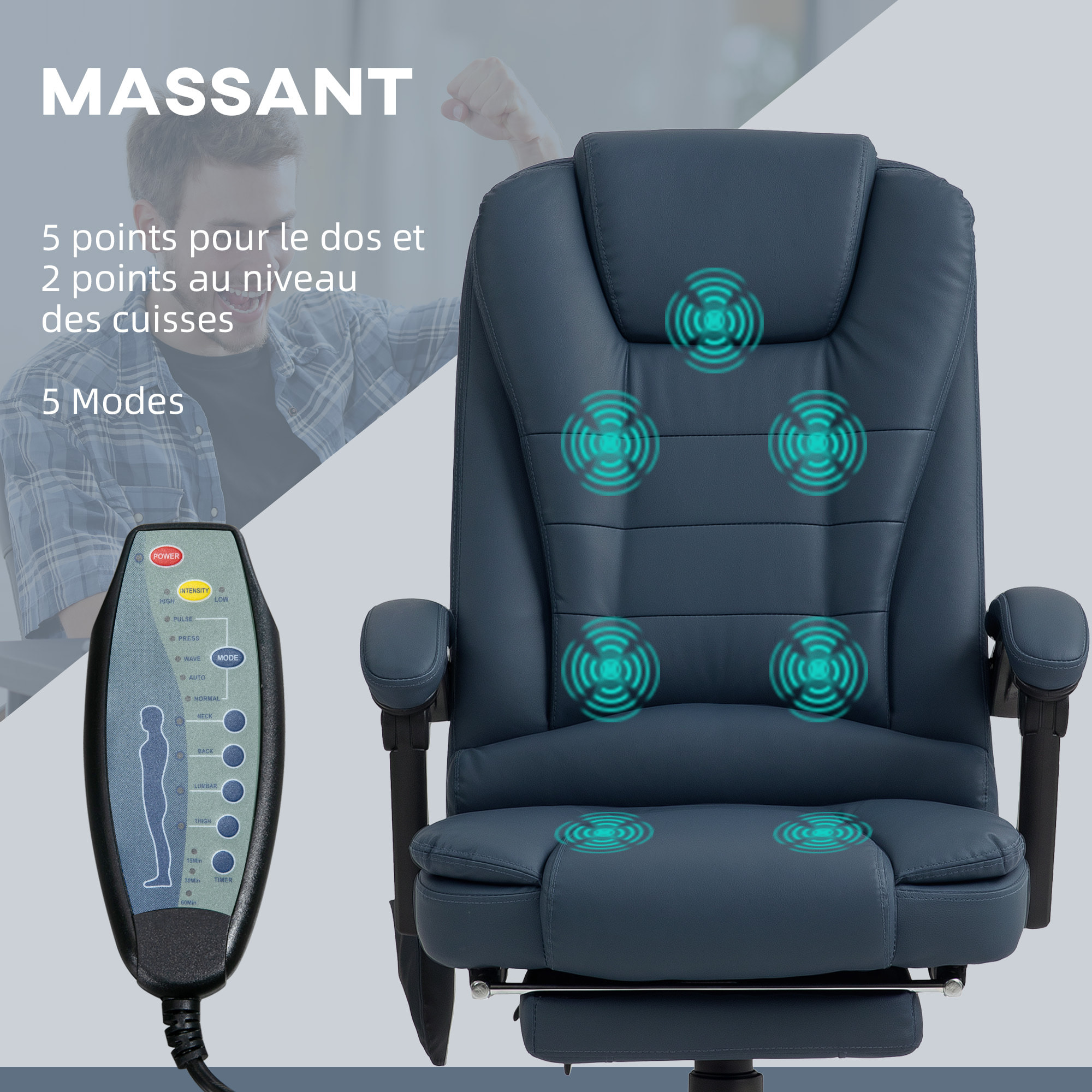 Fauteuil de bureau direction massant inclinable réglable repose-pied coussin lombaires synthétique bleu
