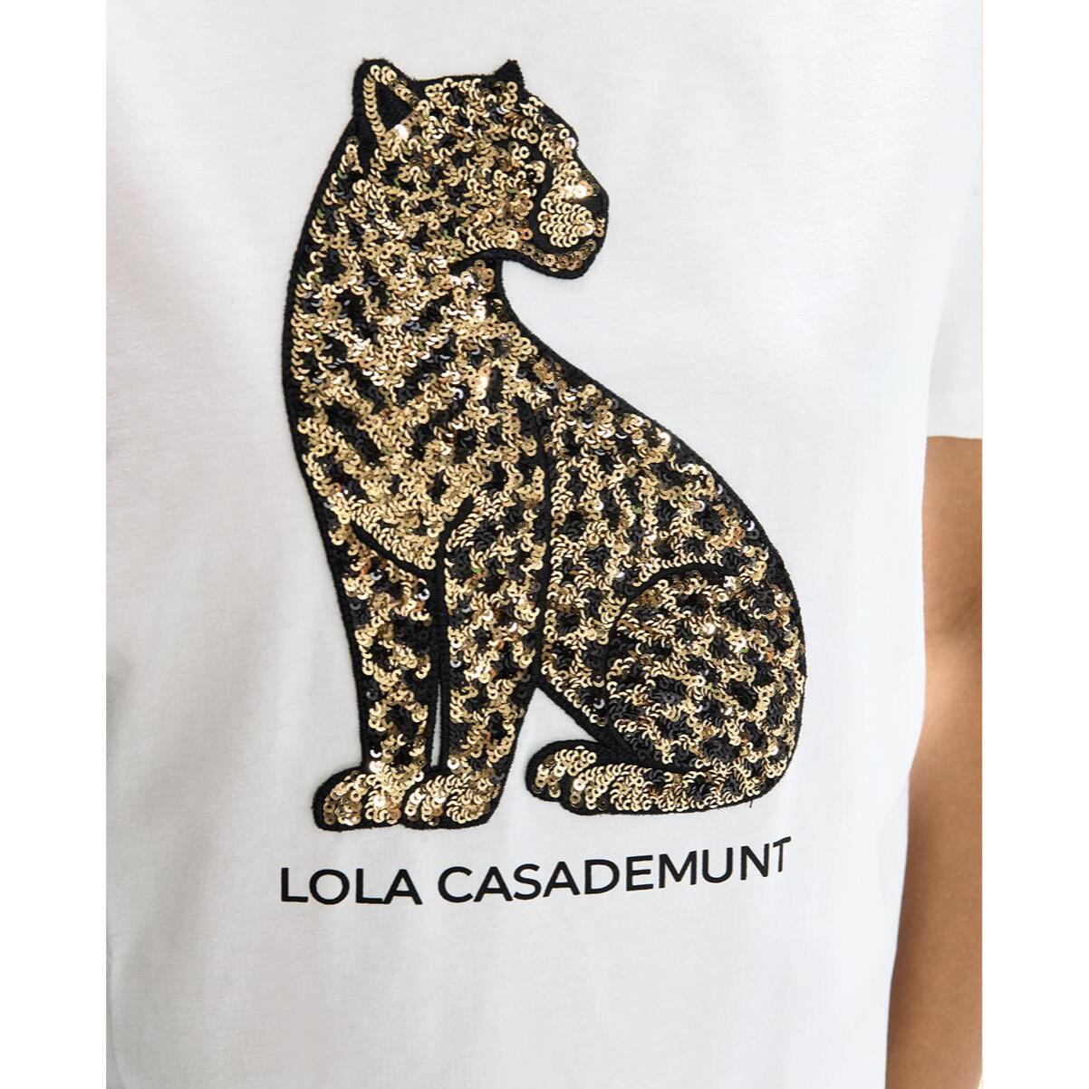 T-shirt girocollo con spacchi laterali e paillettes leopardate posizionate strategicamente