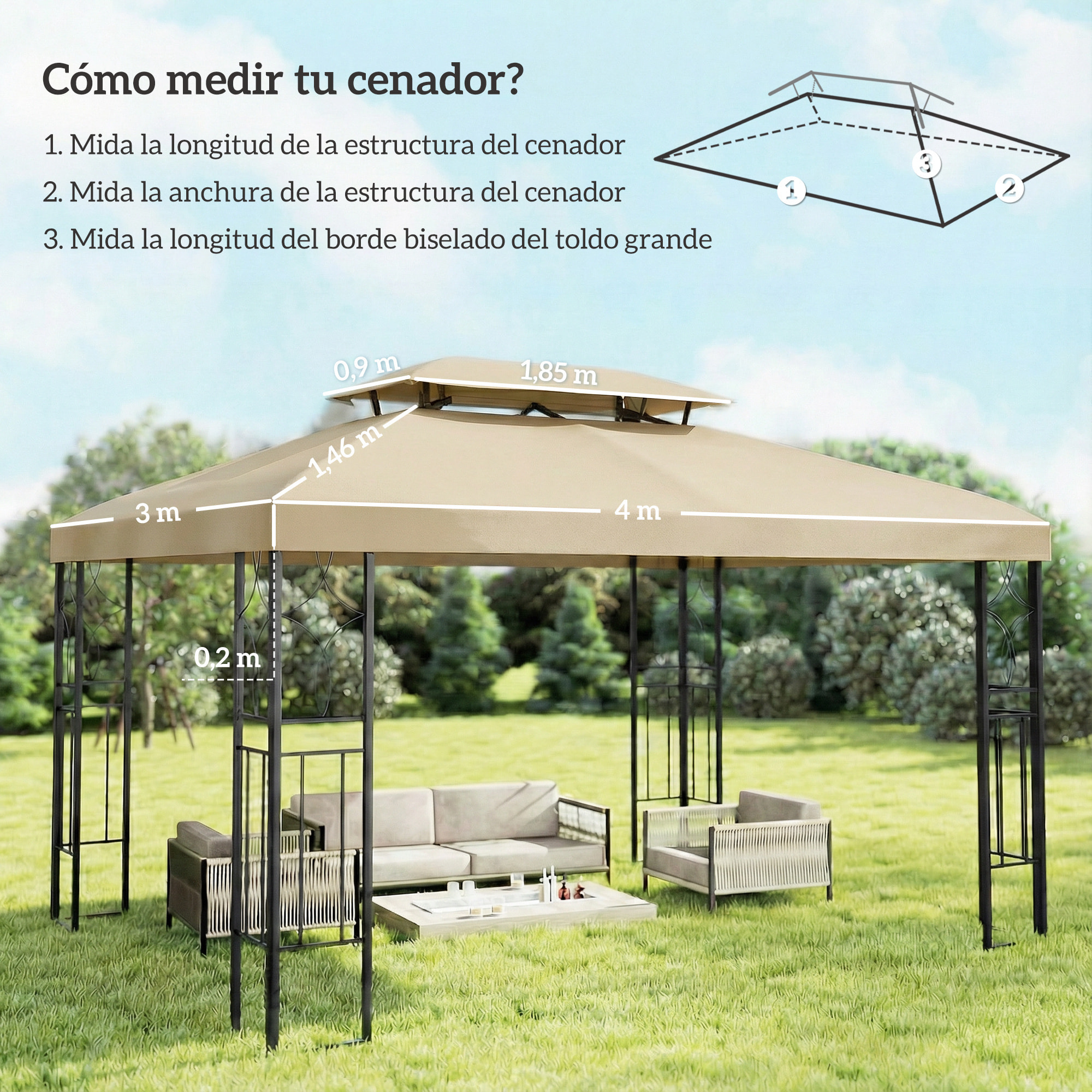 Techo de Repuesto para Cenador, 4x3 m, Cubierta de Repuesto con Techo Doble, 10 Orificios de Drenaje y Protección UV, SOLO Toldo de Recambio para Pabellón Gazebo, Blanco Crema