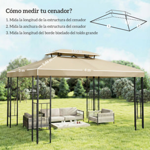 Techo de Repuesto para Cenador, 4x3 m, Cubierta de Repuesto con Techo Doble, 10 Orificios de Drenaje y Protección UV, SOLO Toldo de Recambio para Pabellón Gazebo, Blanco Crema
