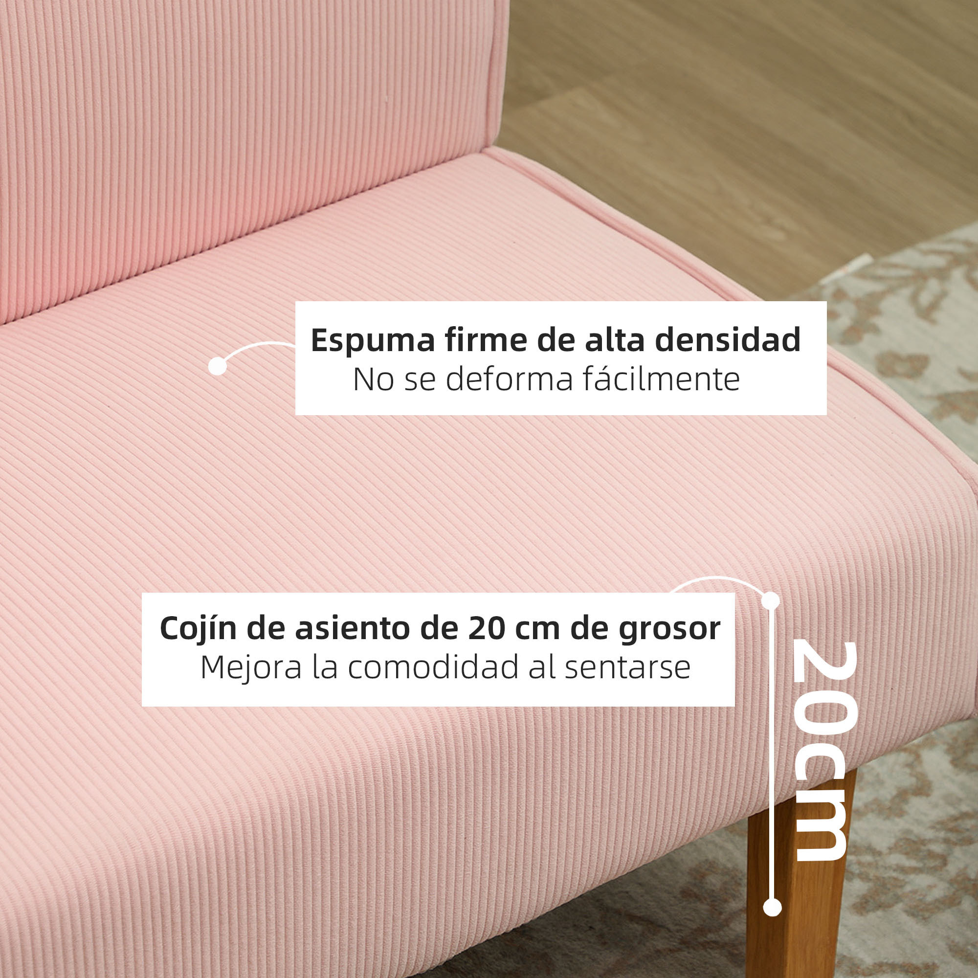 Sofá de 2 Plazas Tapizado en Pana Sofá de Salón sin Brazos con 2 Puertos USB 1 Puerto Tipo-C y Patas de Madera Sofá Pequeño Carga 240 kg 110x60x85 cm Rosa