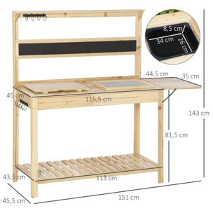 Table de rempotage jardinage - 2 étagères, tiroir, tablette rabattable, 8 crochets, évier, tamis, tableau noir - bois sapin