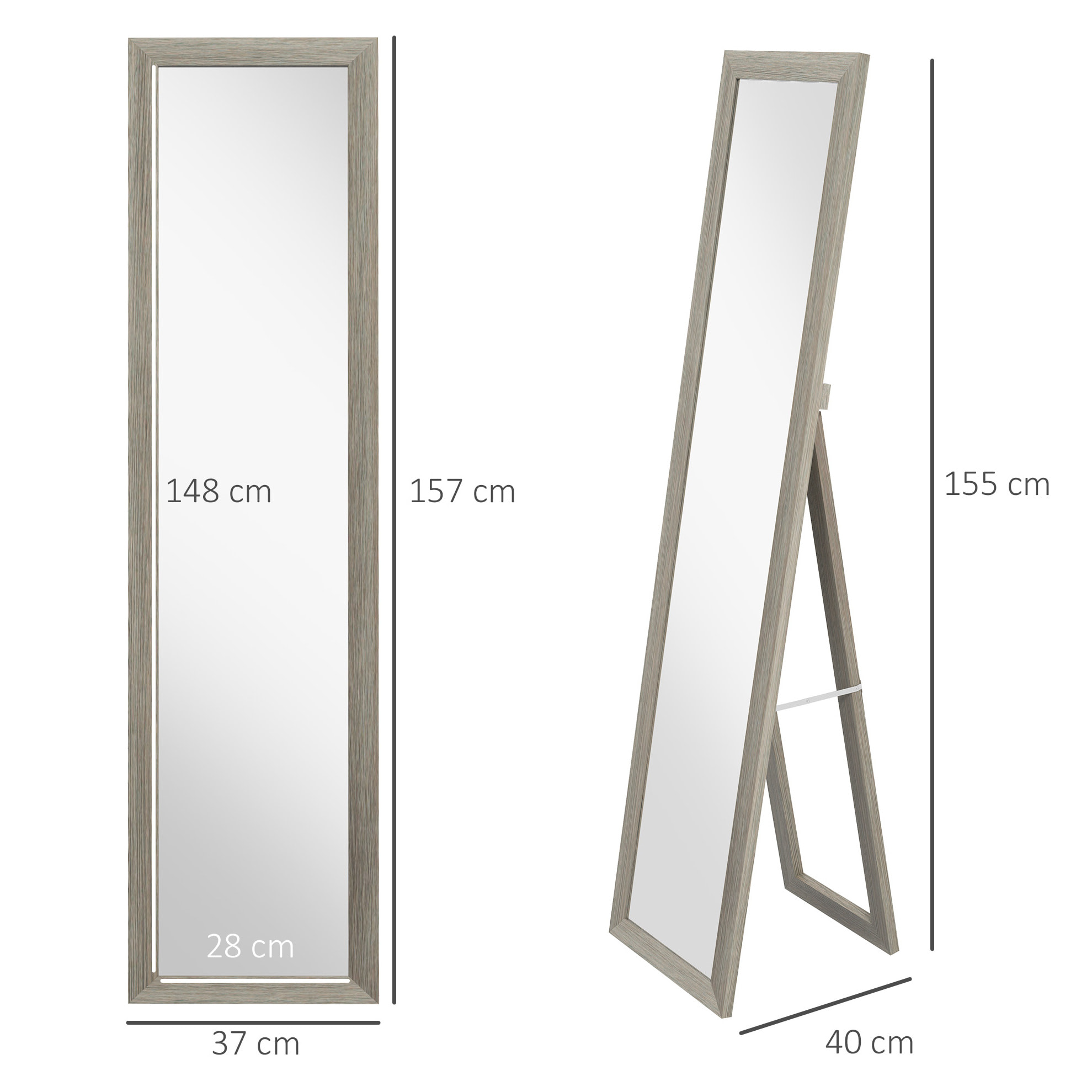 HOMCOM Espejo de Pie Cuerpo Entero 157x37 cm, Espejo de Cuerpo Entero con Soporte, 3 Formas de Uso, Independiente, Montaje Pared y Apoyado, para Salón, Entrada, Dormitorio, Gris