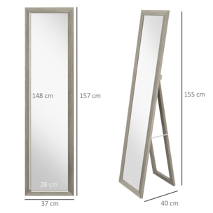 HOMCOM Espejo de Pie Cuerpo Entero 157x37 cm, Espejo de Cuerpo Entero con Soporte, 3 Formas de Uso, Independiente, Montaje Pared y Apoyado, para Salón, Entrada, Dormitorio, Gris
