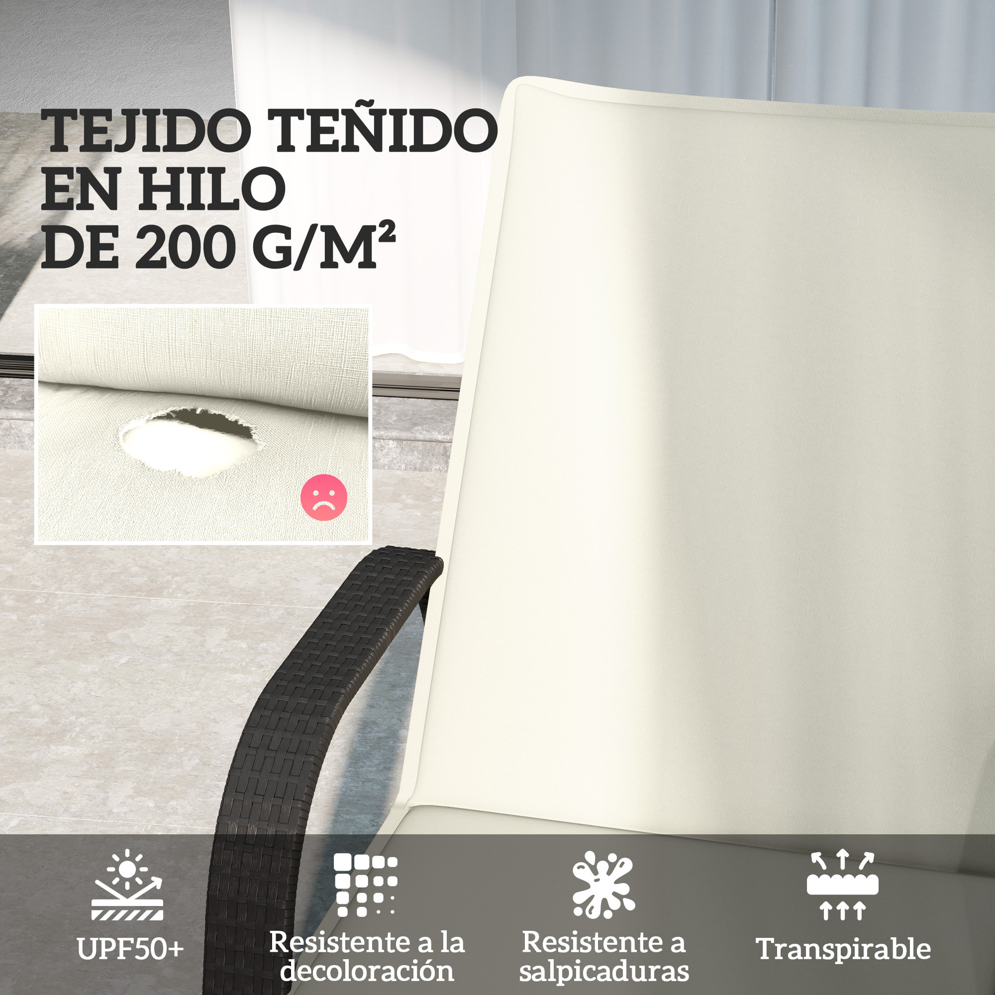 Pack 2 Cojines para Tumbonas Plegables Colchonetas para Tumbonas de Jardín Exterior 193x58x6 cm con Correas de Sujeción Protección UV Resistente a Salpicaduras Crema