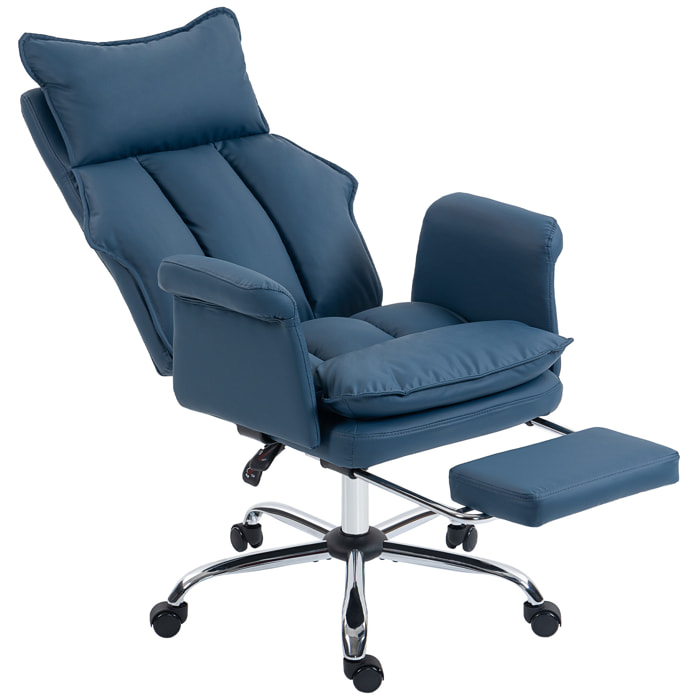 Silla de Escritorio con Reposapiés, Silla de Oficina Giratoria, con Respaldo Reclinable y Alto, Acolchado Grueso, Tapizada en Cuero Sintético, Soporte Lumbar, Altura Ajustable, Ruedas, Azul