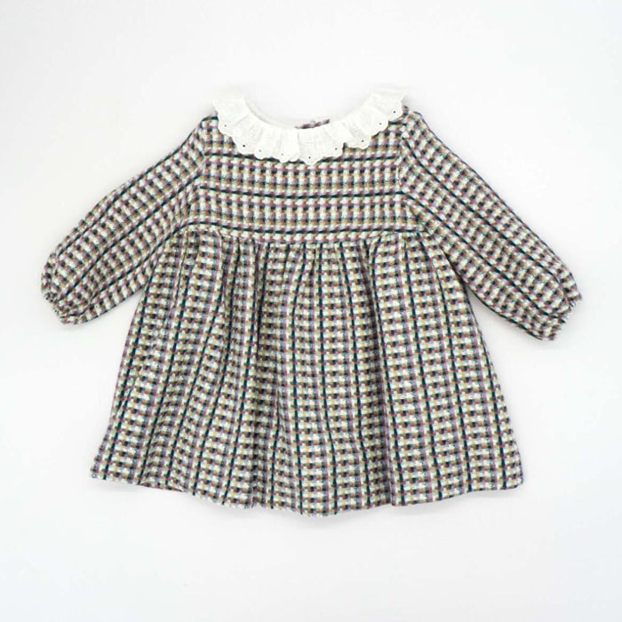 Vestido chanel verde con cuello con volante en blanco