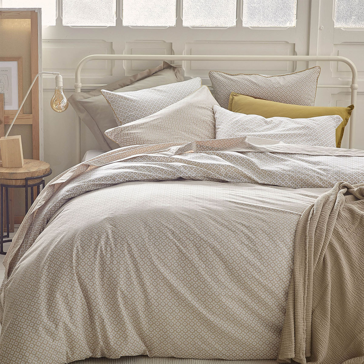 Housse de couette imprimée en percale de coton, ALBA, Beige