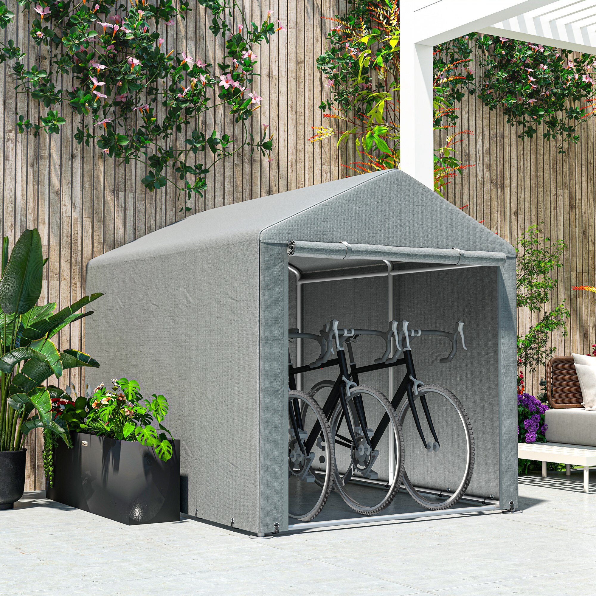 Carpa de Jardín Exterior para Herramientas Bicicletas 1,6x2,2x1,7 m, Cobertizo Exterior con 2 Habitaciones, Puerta Enrollable con Cremallera, Impermeable Anti-UV, Garaje Portátil, Gris Claro