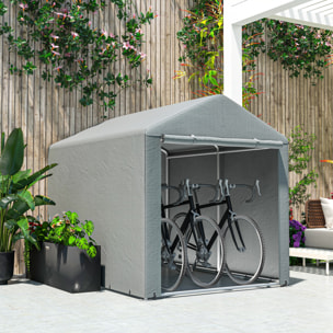 Carpa de Jardín Exterior para Herramientas Bicicletas 1,6x2,2x1,7 m, Cobertizo Exterior con 2 Habitaciones, Puerta Enrollable con Cremallera, Impermeable Anti-UV, Garaje Portátil, Gris Claro