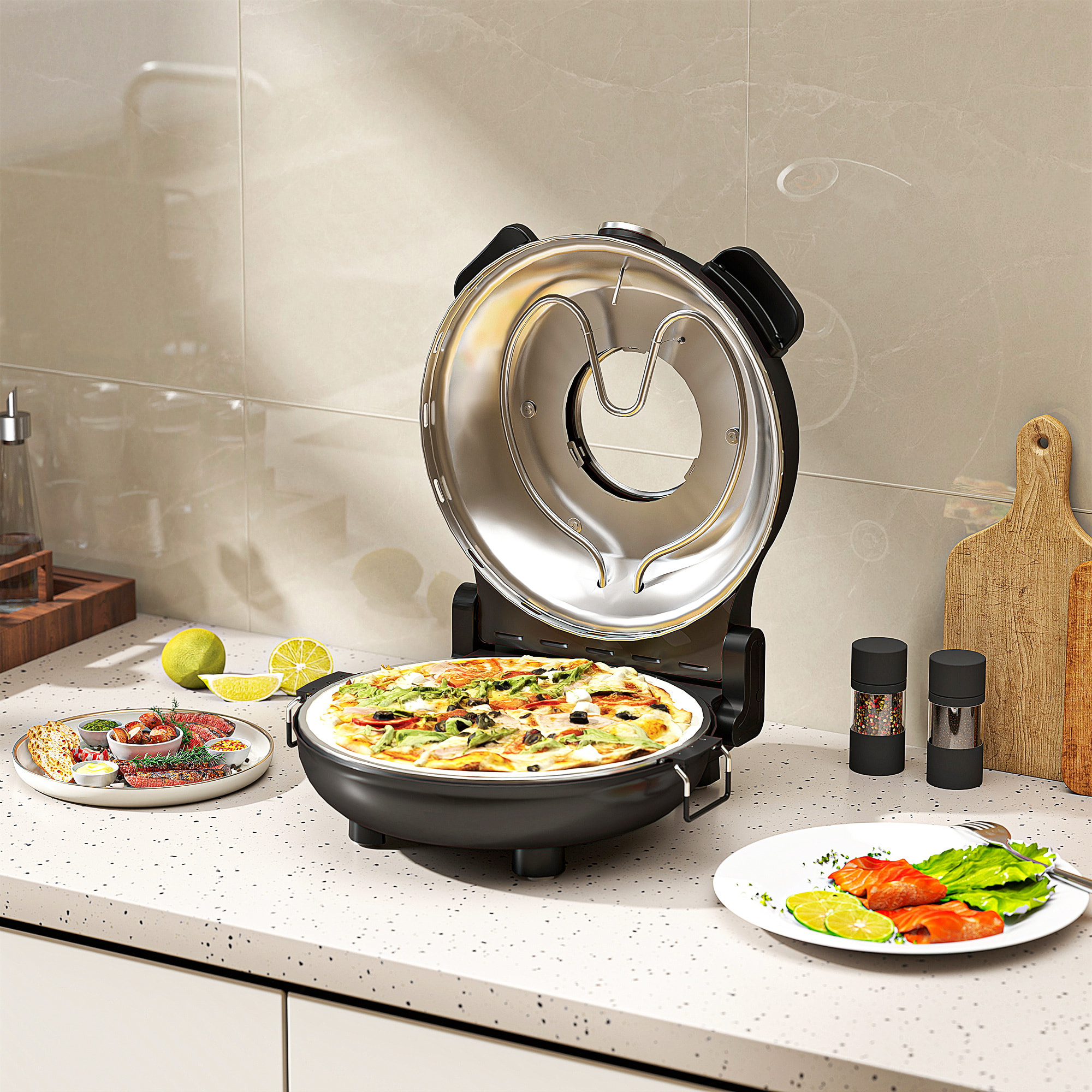 Four à pizza électrique 1200W max. 430°C pierre réfractaire 30 cm température réglable timer pelles incluses noir