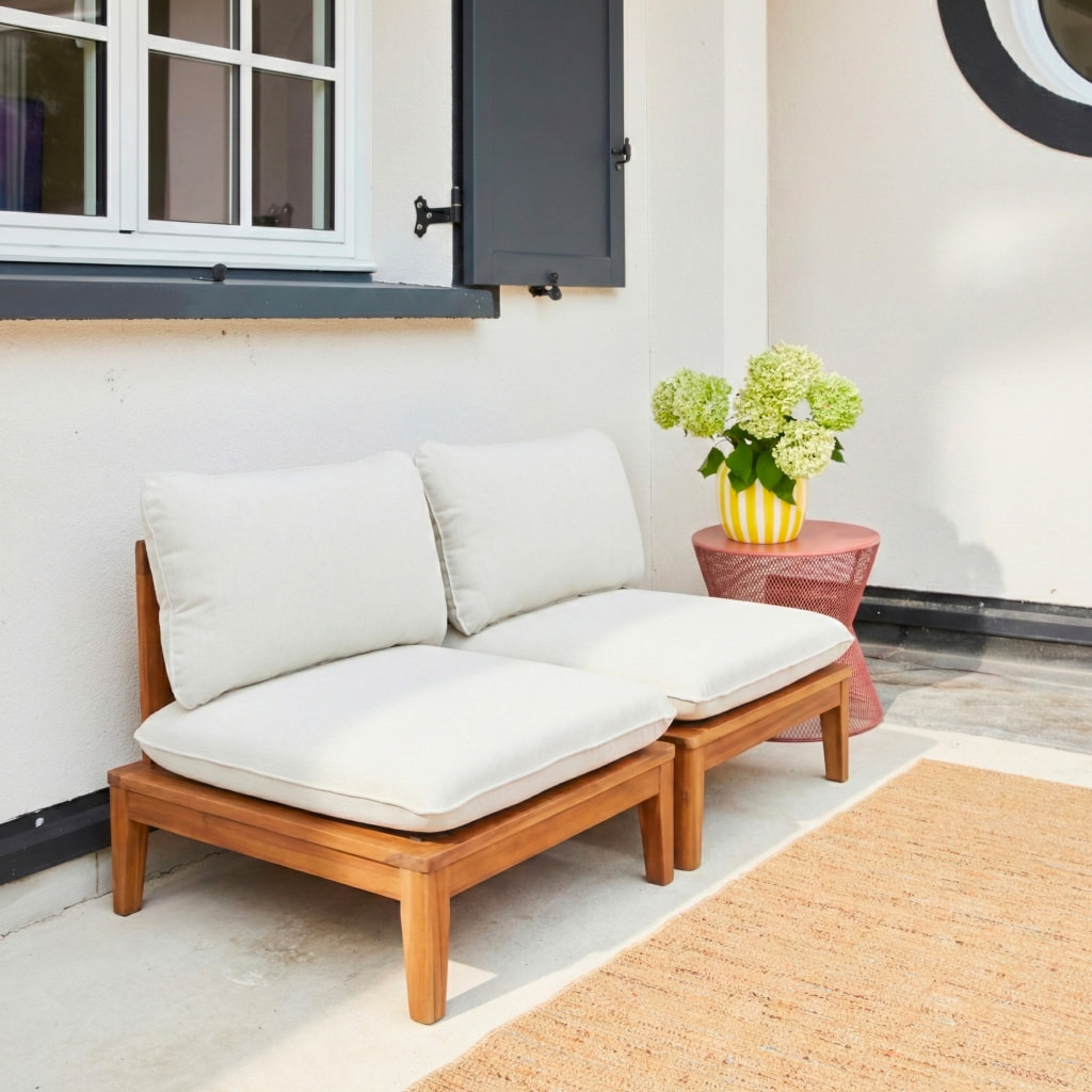 Banquette modulable de jardin bois d'acacia et effet bouclette 2 places YONA