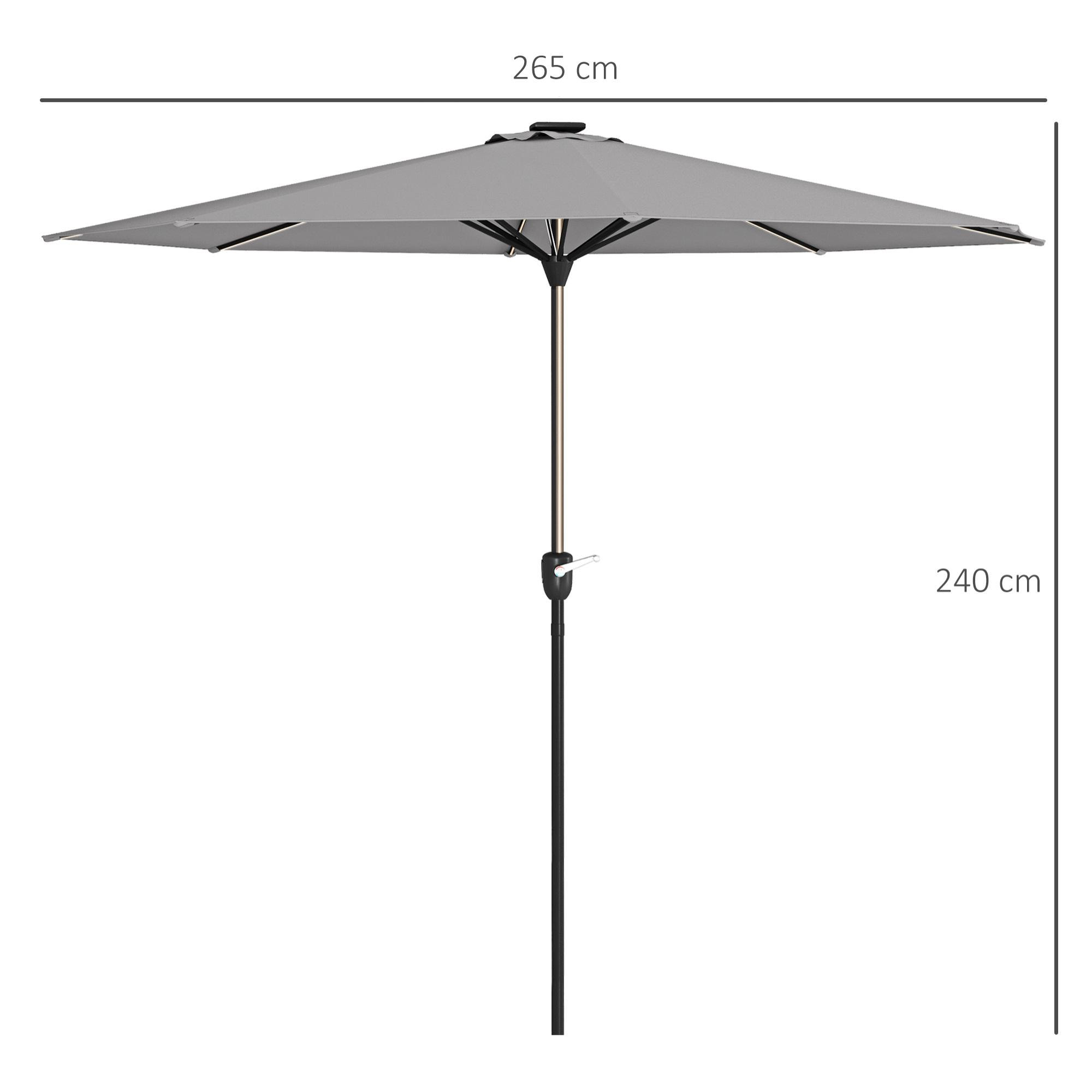 Sombrilla de Jardín Ø265x240 cm Parasol de Terraza con Luces LED Solares Manivela e Impermeable para Piscina Patio Gris Claro