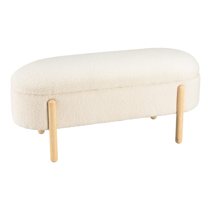 LEOPOLD - Banquette tissu bouclette écru avec rangement et pieds bois