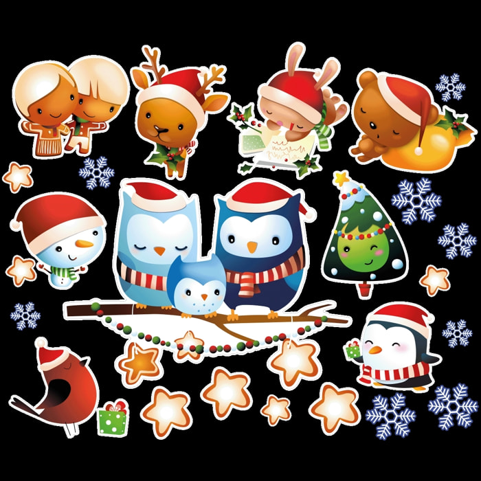 Sticker Noël famille hiboux et ses amis - Autocollants stickers adhésifs noël - décoration fêtes