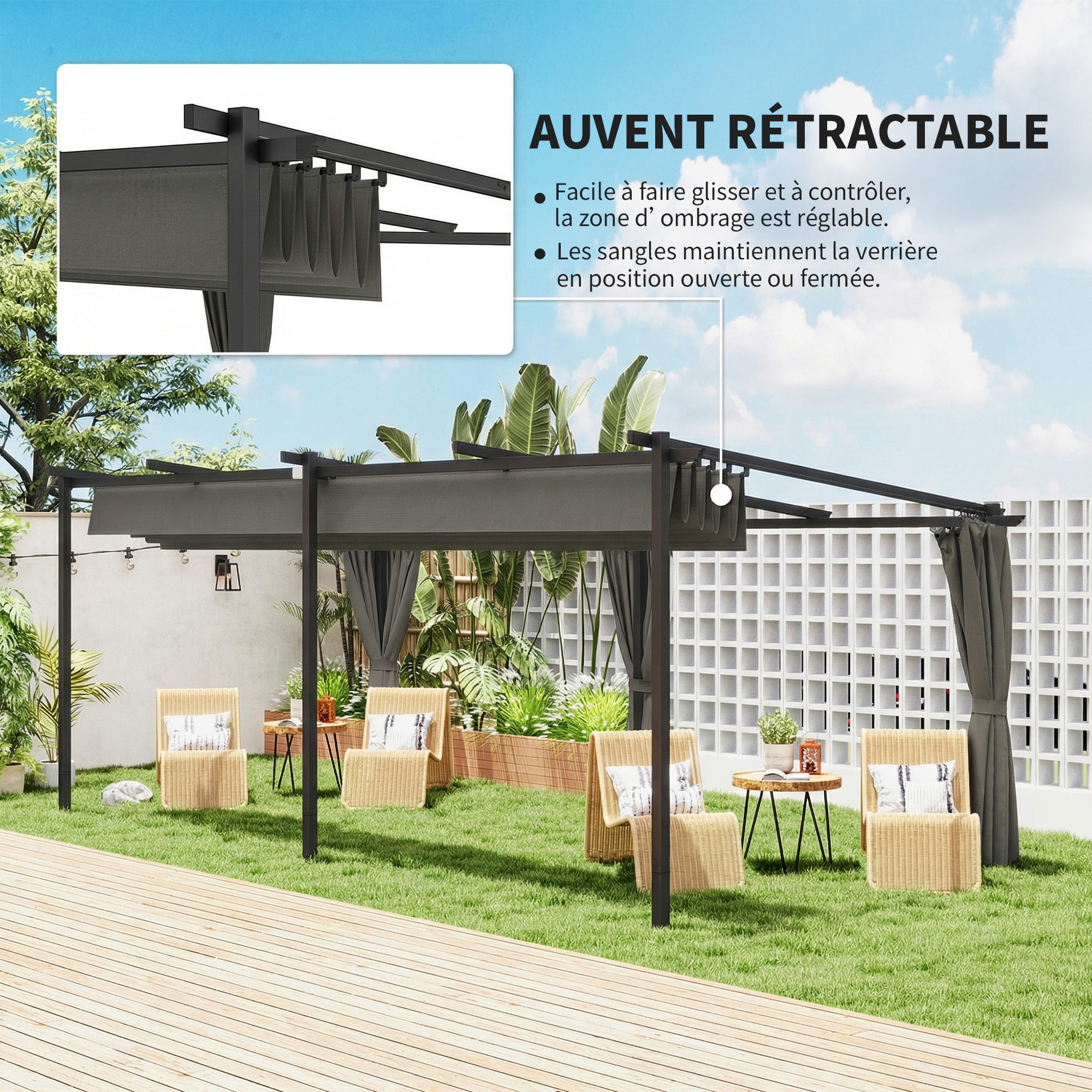 Pergola coulissante rétractable 3 x 6 m 4 rideaux latéraux amovibles alu métal toile anthracite