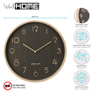 Reloj de Pared de Madera Aspecto Moderno color Marrón oscuro Ø38x5 cm