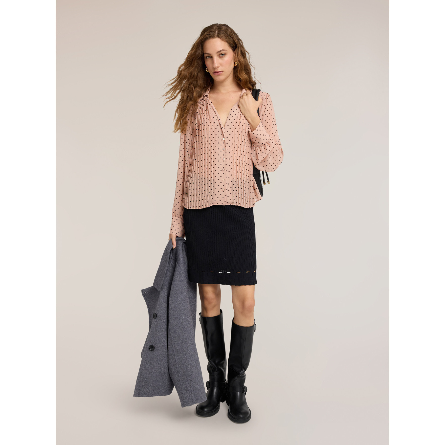 Motivi - Camicia in georgette a pois con plissé - Rosa