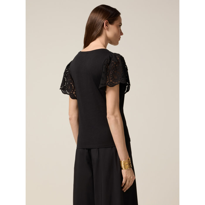 Oltre - T-shirt con maniche in macramé - Nero