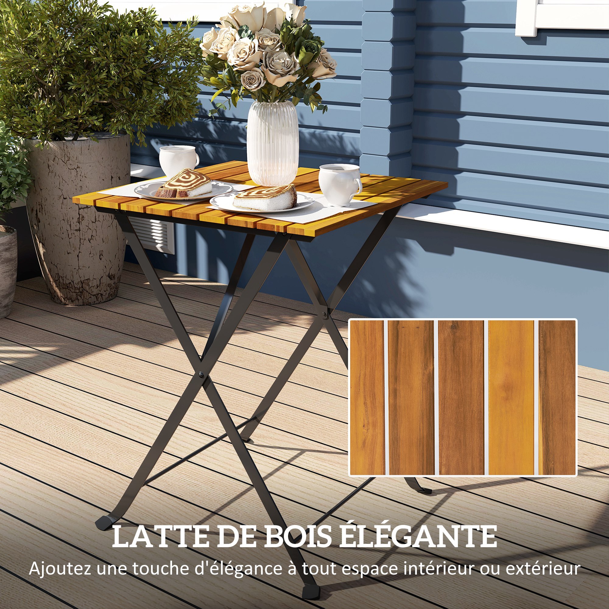 Ensemble bistrot de jardin 3 pièces pliables style exotique acier noir lattes bois acacia verni