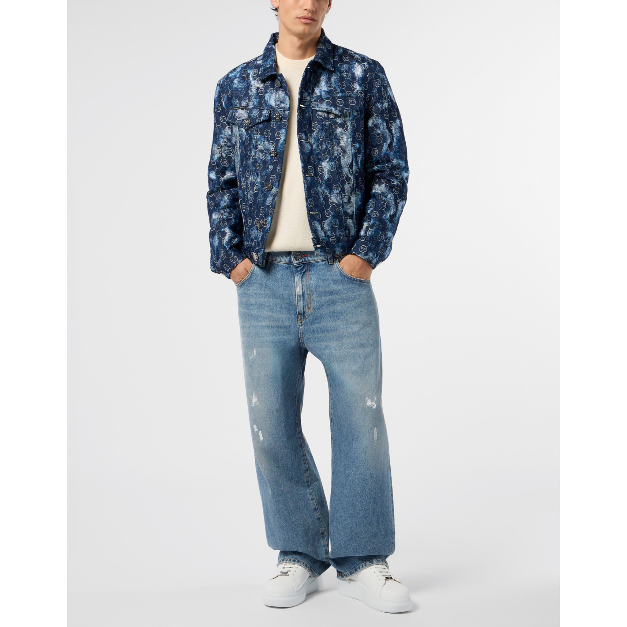 PHILIPP PLEIN Denim Trucker Jacket Jacquard Monogram