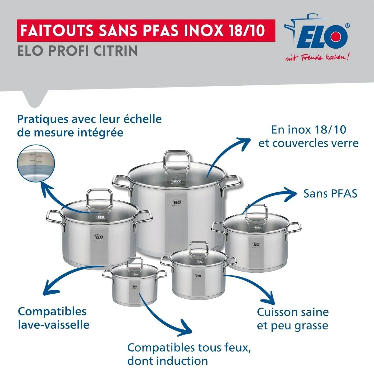 Set de 1 Poêle de cuisson et 5 faitouts Elo Profi Citrin