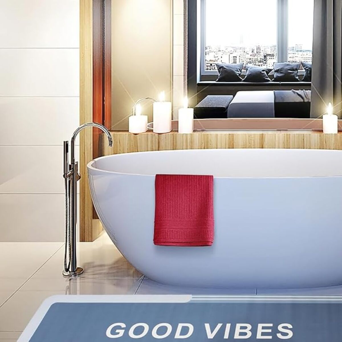 Tappeto Bagno, Tappeto Doccia Antiscivolo, Assorbente, Lavabile, 50x140 cm, Tappetino Magico per Bagno e Cucina. Modello: Good Vibes