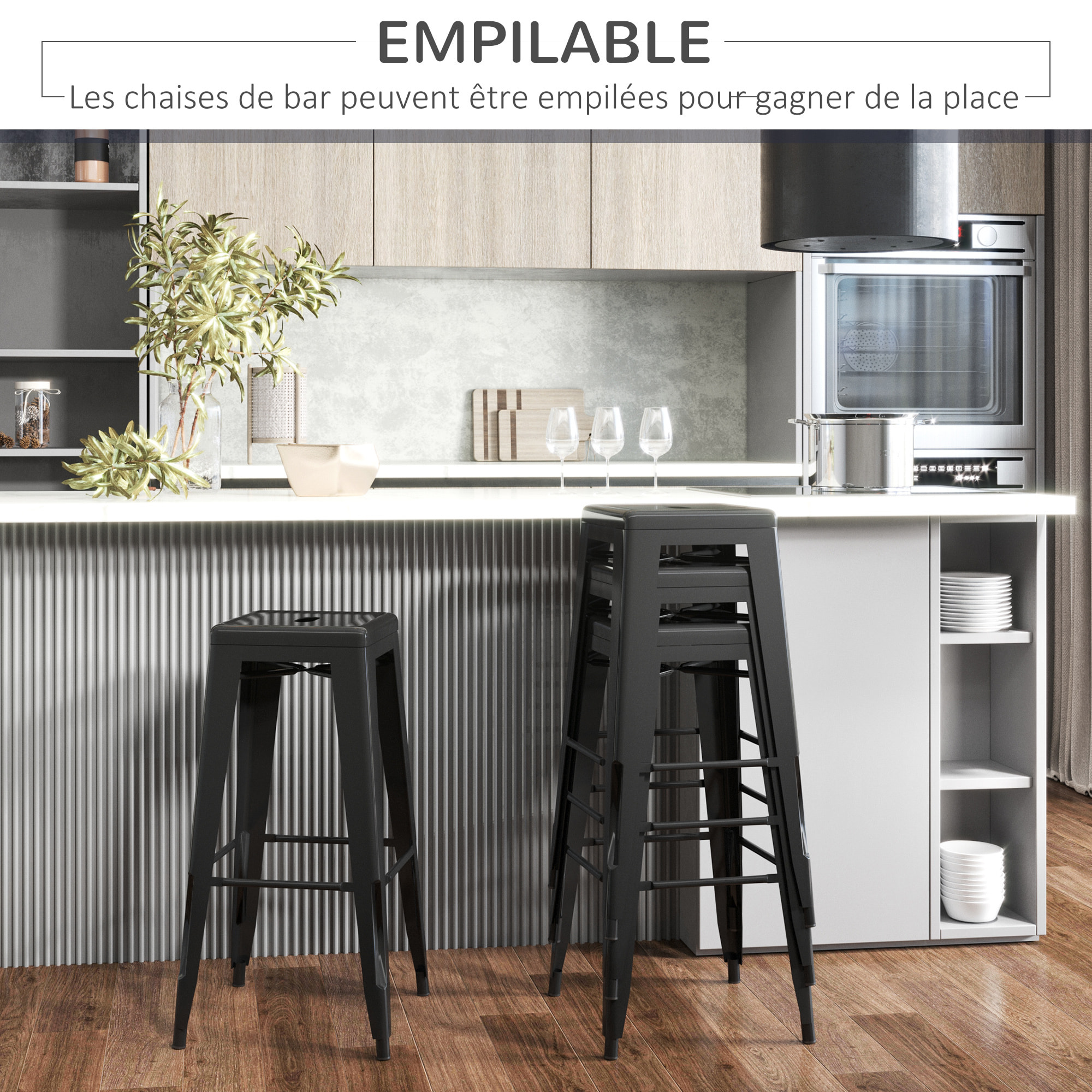 Lot de 4 tabourets de bar industriel empilables hauteur assise 76 cm métal noir