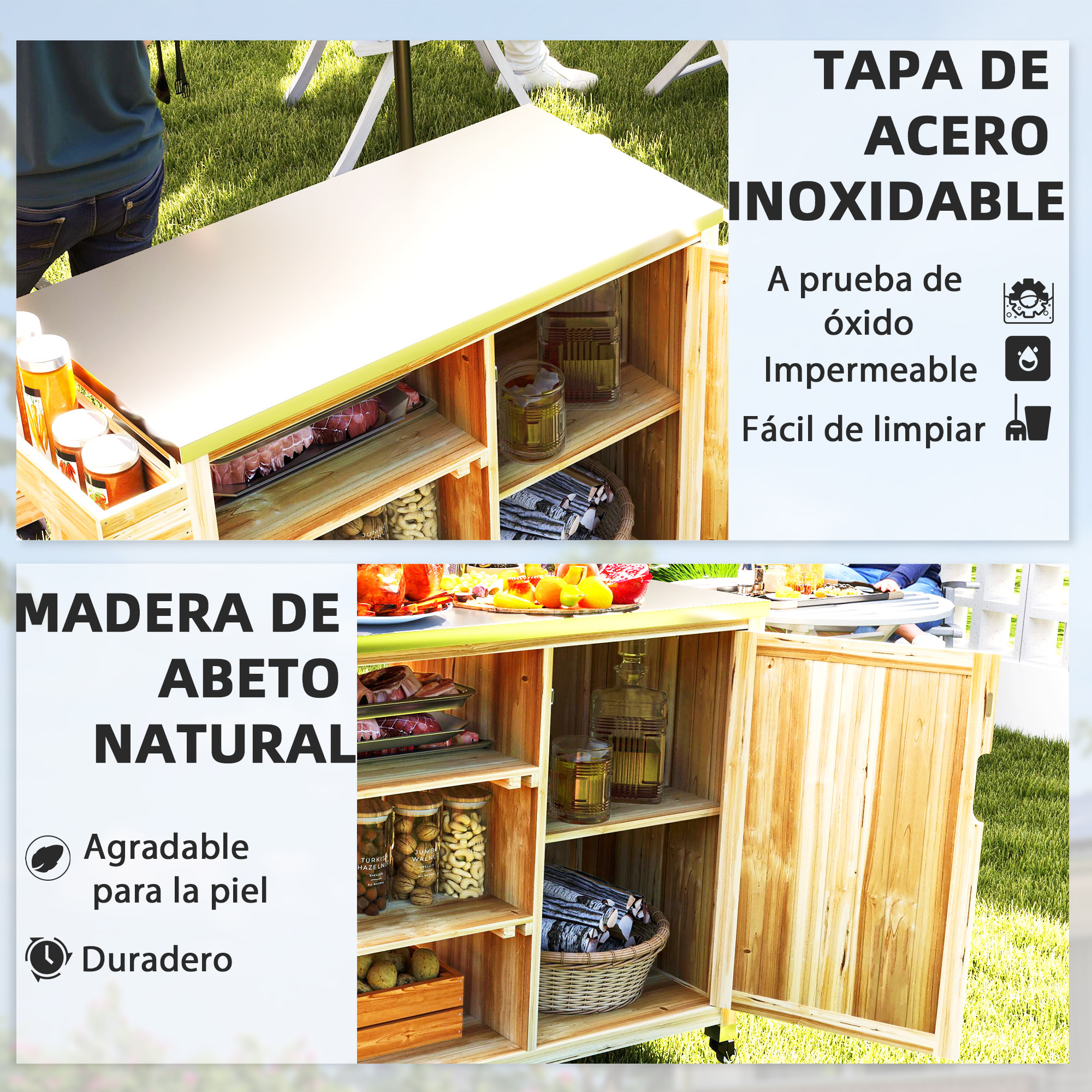 Carrito de Parrilla Carrito de Barbacoa de Madera Carro de Servicio con 4 Ruedas Estantes Armario Encimera de Acero Inoxidable Toallero y Especiero para Jardín Patio 134,5x50x91,5 cm Natural