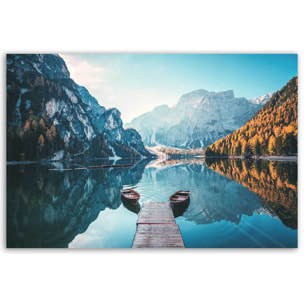 Tableau lac alpin et barques au matin Toile imprimée