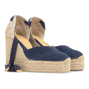 Alpargata con cuña 8 cm en lona de algodón con pala en v y cintas al tobillo