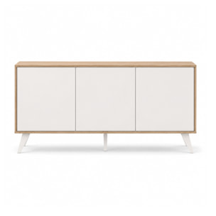 Credenza Moderna Madia 3 Ante Senza Maniglie Design Minimal Con Piedini RialzatiPer Soggiorno Ingresso Corridoio 154 x 72 x 40 Cm Bianco e Rovere