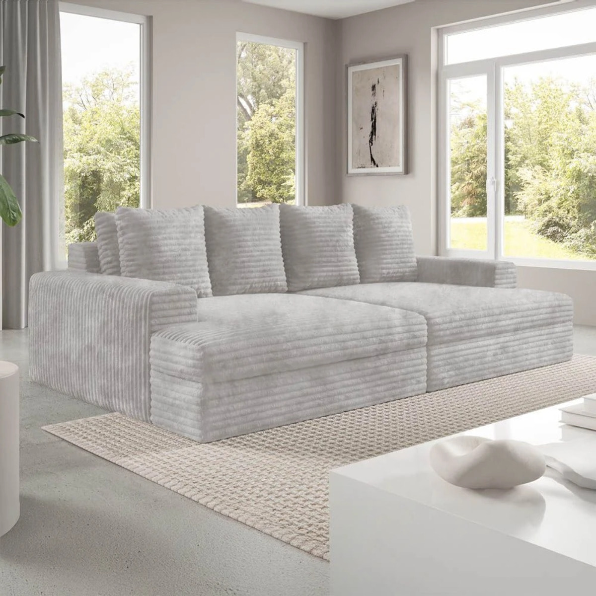 CAMELIA - Canapé 3 places en velours côtelé épais gris clair