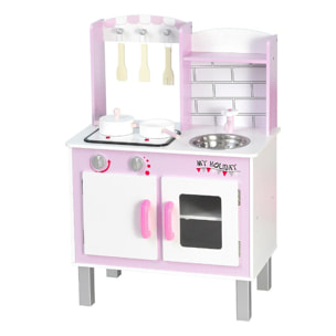 Cuisine bois jeu d'imitation - cuisine rose enfant - nombreux accessoires & rangements inclus - fonction sonore - MDF pin rose blanc