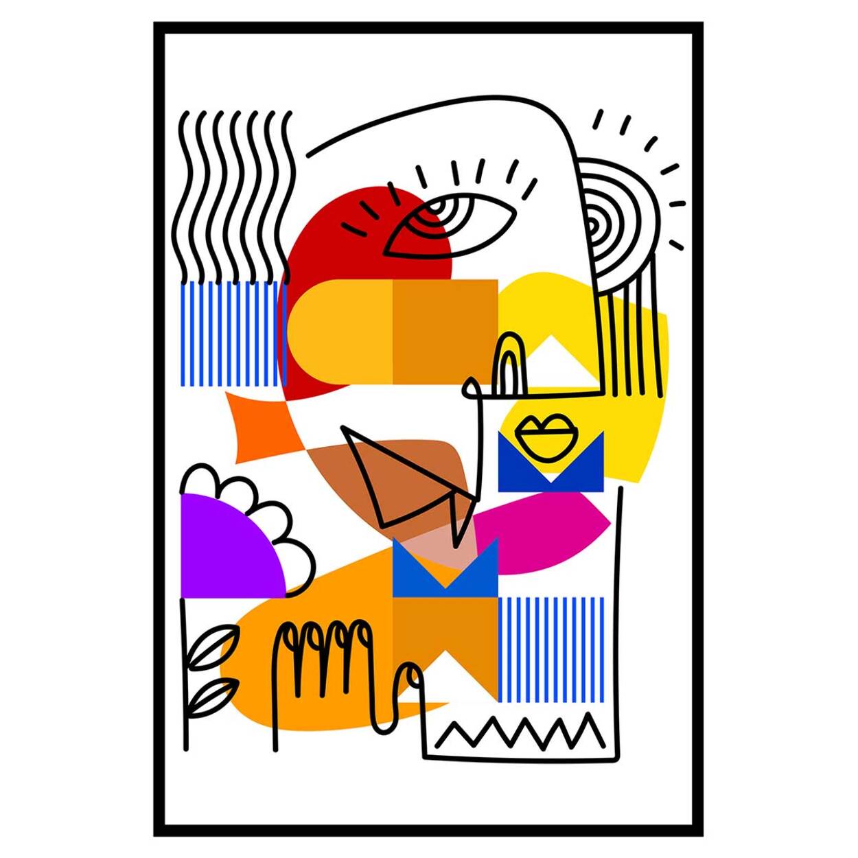 Affiche encadrée bambou et fleurs peinture Affiche + cadre en métal - Noir